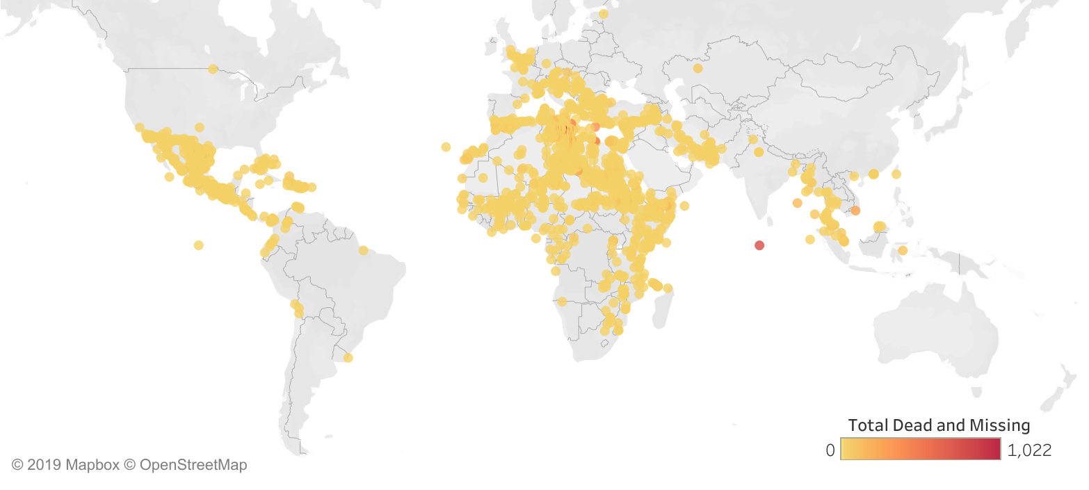 Map showing reported migrant deaths and disappearances across global migration routes